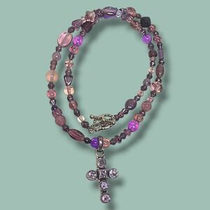 Vintage Purple Glass Bead 925 Sterling Silver Cross Pendant Necklace